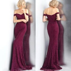 JVN JOVANI JVN66695 BORDEAUX OFF THE SHOULDER SWEETHEART BEADED LACE GOWN DRESS